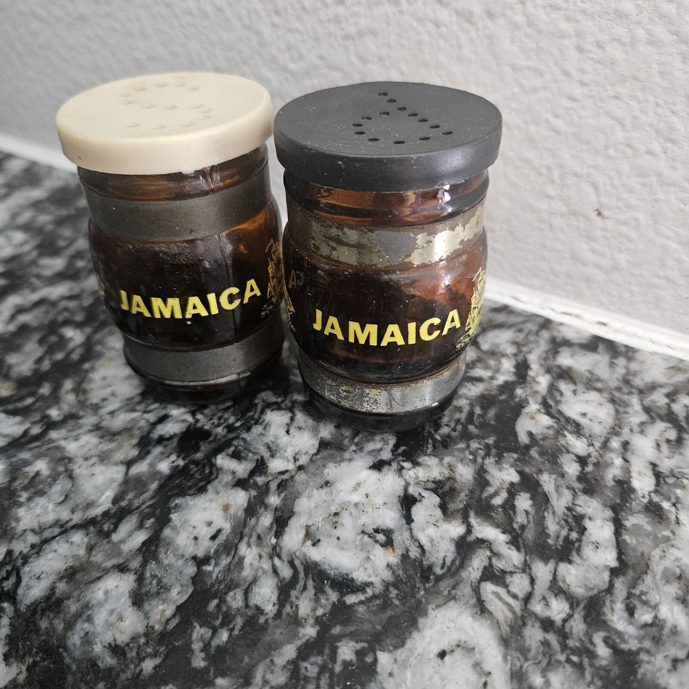 Vintage, Small, Brown Glass Barrel‎ - "Jamaica" Salt & Pepper Shaker Set